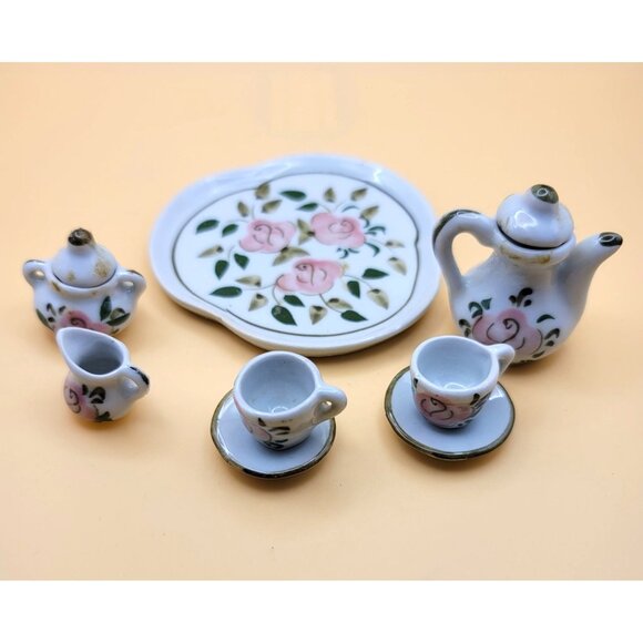 Miniature Porcelain Tea Set With Pink Floral Design & Gold Accents jj3655 - Picture 2 of 8